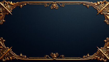 Baroque-inspired Renaissance background, sophisticated and grand, elaborate gold scrollwork on a dark navy texture, copy space