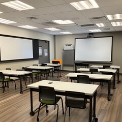 Spacious bright classroom interior modern colorful learning space cheerful well organized decor