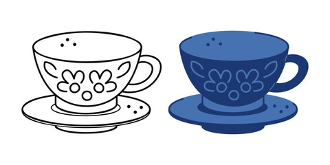 Two patterned cups and saucers. Hand drawn clip art for your project.