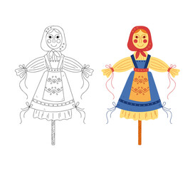Two scarecrows for celebrating Shrovetide. Hand drawn clip art for your project.