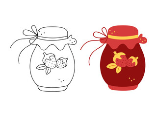 Two jars of strawberry jam. Hand drawn clip art for your project.