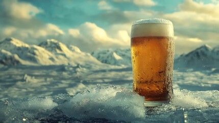 A chilled beer resting on an icy mound, just right for a hot summer day or a winter wonderland setting.