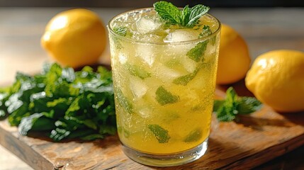 Refreshing mint lemonade served in a glass garnished with mint leaves and ice next to ripe lemons and fresh mint