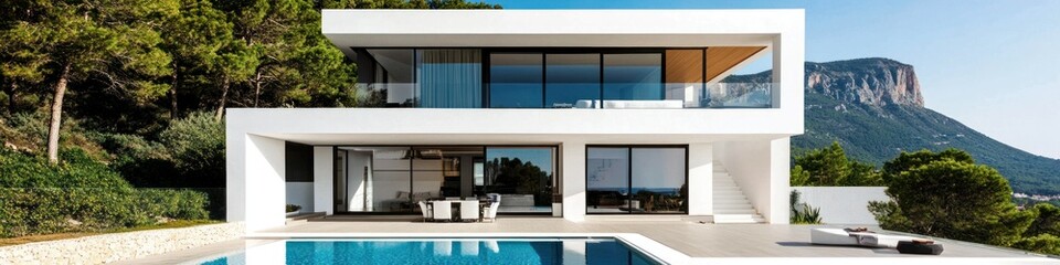 Contemporary villa with large windows, infinity pool, and mountain views surrounded by nature