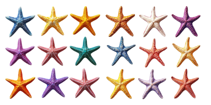 Colorful starfish isolated on transparent background, PNG, Set of