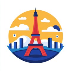 A circular illustration of the Eiffel Tower with a modern, colorful cityscape backdrop.