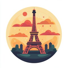 A stylized Eiffel Tower illustration with a warm sunset background, representing Parisian culture.