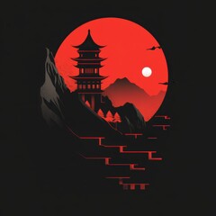 A dark, dramatic composition of a pagoda and mountains under a red full moon, inspired by Asian culture.