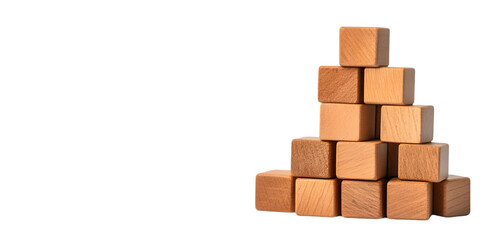 A stack of small wooden blocks, arranged in a neat pile on a white surface. Transparent background


