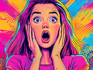 Surprised woman with open mouth and hands on cheeks, pop art style illustration with vibrant colors and bold lines, depicting shock, awe, amazement, and surprise against a colorful background