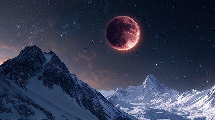 Alien landscape with snowy mountains under a starry sky and a large red planet looming overhead
