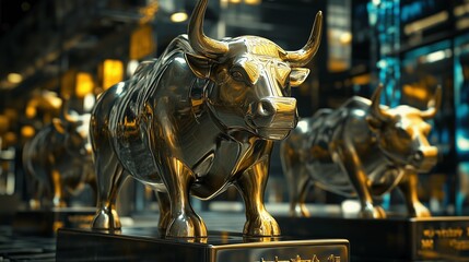 Golden bull statues symbolizing strength and prosperity in a modern setting