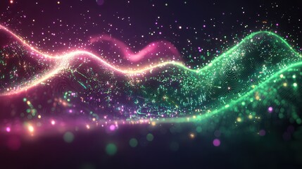Fototapeta premium Abstract Glowing Particle Waves Digital Background Texture Pink Green Neon Lights