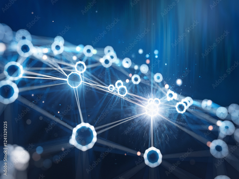 Poster futuristic network visualization with glowing blue and white nodes connected by luminous lines. set 