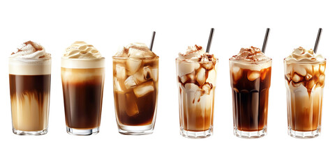Iced coffee with cold foam isolated on transparent background, PNG, Set of