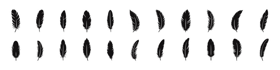 Crow feathers silhouette set. Bird quill collection. Vector illustration.