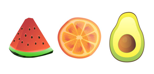 Fresh Fruit Illustrations Featuring Watermelon, Orange, and Avocado