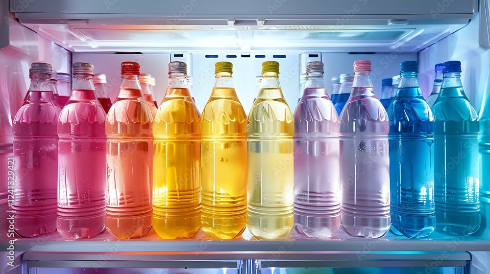 Poster colorful plastic bottles with drinks arranged in rainbow gradient order on refrigerator shelf with b