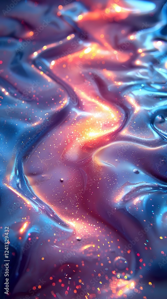 Poster abstract liquid surface with glowing orange and blue waves creating magical ethereal effect with spa