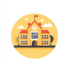 Fototapeta premium A warm and welcoming schoolhouse with a clock, trees, and a sunny background, representing education.