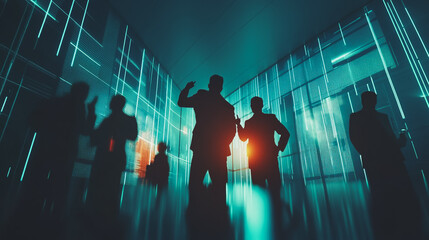 Group of business people silhouettes in modern office building and business network concept. Human resources with pastel innovation charts and graphs with statistics to analyze business	