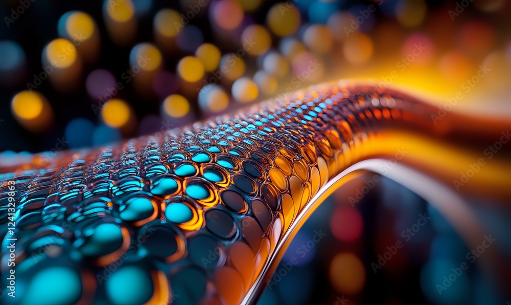 Aufkleber futuristic glowing nanostructure with blue and orange illumination on curved surface against blurred