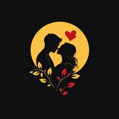 A silhouette of a loving couple in front of a glowing moon, surrounded by floral elements.