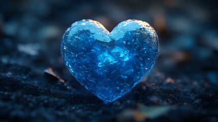 Fototapeta premium Frozen blue heart shape on dark background with water drops and frost texture creates romantic winter mood for Valentine's Day designs and love concepts.