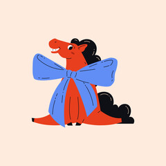Red fire horse, symbol of Chinese New Year 2026. Animal with big blue bow. Happy Holidays. Celebration. Poster, print, card. Vector illustration.