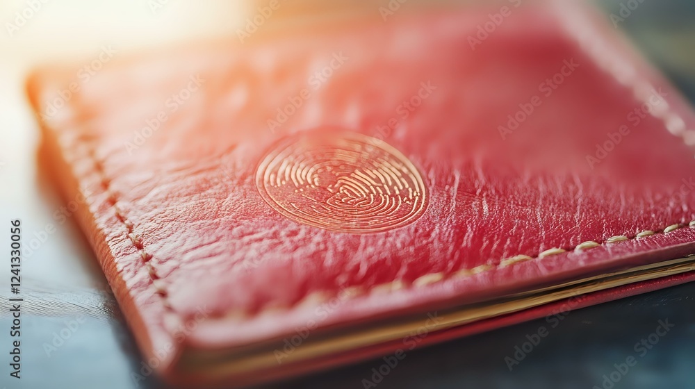 Poster red leather wallet with embossed fingerprint pattern detail in macro shot, showing fine stitching an