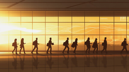 Group of business people silhouettes in modern office building and business network concept. Human resources with pastel innovation charts and graphs with statistics to analyze business	