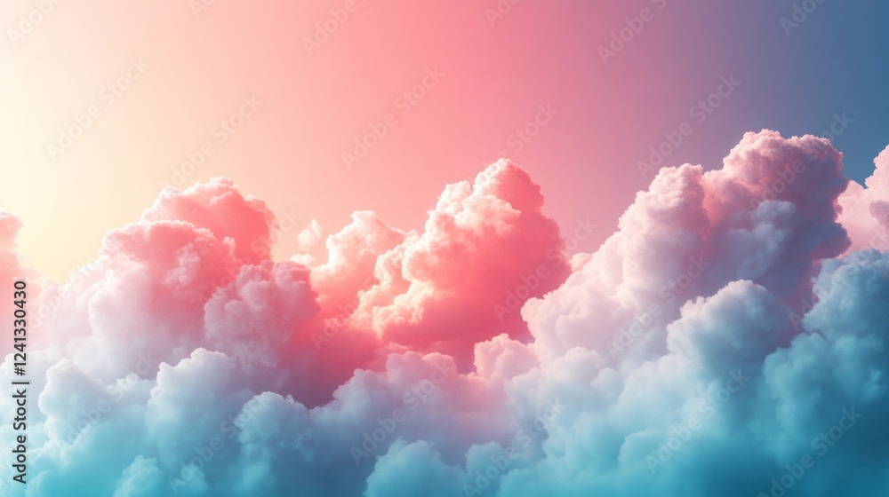 Poster fluffy clouds swirl in shades of pink and blue as the sun sets, casting a soft glow across the sky. 