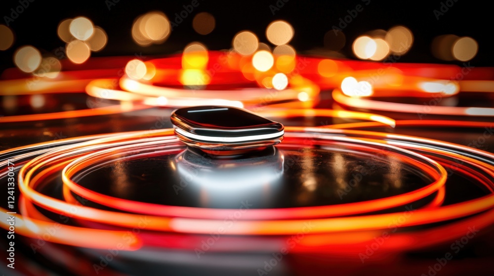 Aufkleber dynamic light trails surrounding a sleek device studio setting product photography innovative enviro