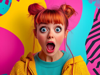 Surprised young woman with vibrant red hair and blue eyes against a colorful abstract background, expressing shock and astonishment, capturing a candid moment of surprise.