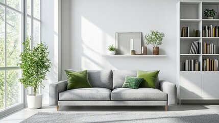 Fototapeta premium Modern living room interior with a grey sofa and white bookcase near a window. Scandinavian home design in light gray color, with green accents, in a minimalistic style, with empty space for text. 