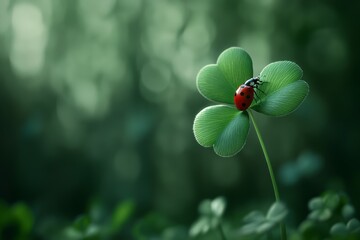 Obraz premium Ladybug on a clover leaf in verdant surroundings - nature and luck concept