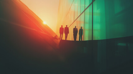 Fototapeta premium Group of business people silhouettes in modern office building and business network concept. Human resources with pastel innovation charts and graphs with statistics to analyze business 