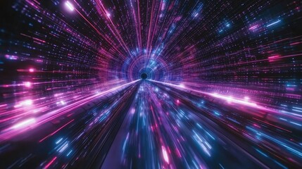 Obraz premium Abstract Digital Tunnel of Light Speed Travel Futuristic Neon Pink Blue