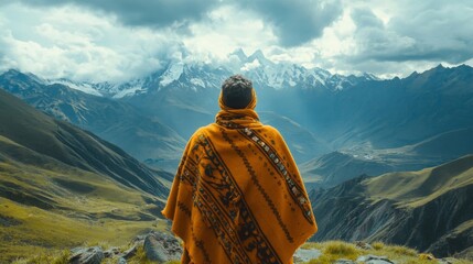 Person in Orange Blanket Admires Majestic Mountain View