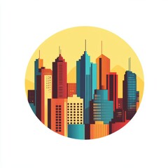Obraz premium A stylized city skyline with warm colors and modern skyscrapers in a circular format.