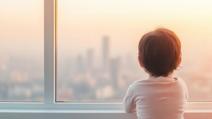 A child looking out of a window at a hazy, polluted cityscape due to PM 25 emissions