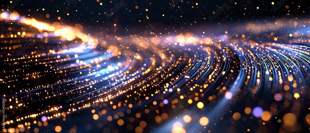 Poster abstract glowing particles flow with blue and orange light streaks creating dynamic motion effect ag