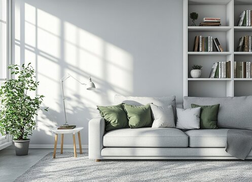 Modern living room interior with a grey sofa and white bookcase near a window. Scandinavian home design in light gray color, with green accents, in a minimalistic style, with empty space for text.  - Powered by Adobe