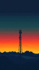 Silhouette of a communication tower against a vibrant sunset sky