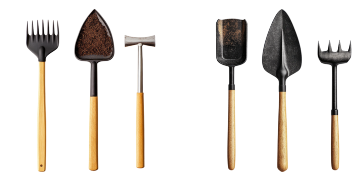 Shovel and gardening tools isolated on transparent background, PNG, Set of
