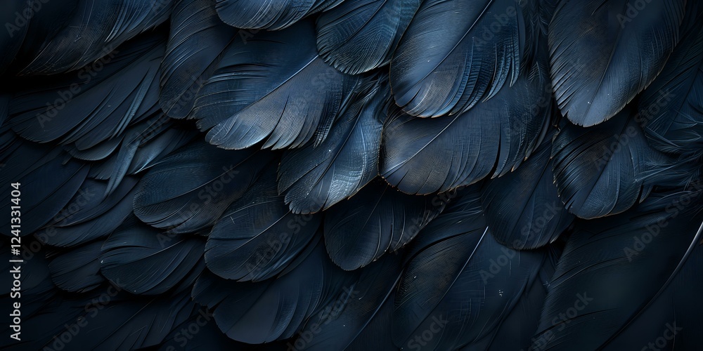 Aufkleber dark navy blue feathers creating layered texture pattern with dramatic lighting and shadows, macro p