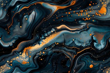 Abstract fluid art background with swirling navy blue and orange paint, metallic gold splatters, and marbled texture on black surface. Luxury modern design.