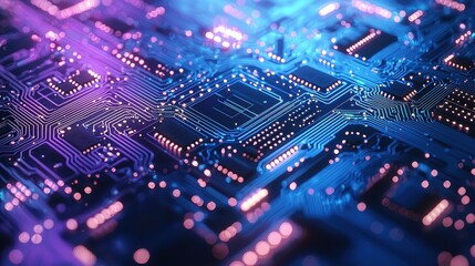 Obraz premium Close up Detailed View of a Circuit Board with Glowing Electronic Components and Complex Pathways