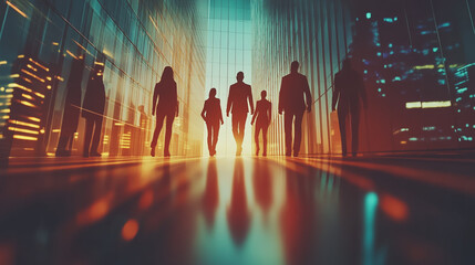 Group of business people silhouettes in modern office building and business network concept. Human resources with pastel innovation charts and graphs with statistics to analyze business