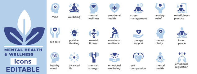 Mental Health and Wellness vector icons editable, calming, and versatile! Perfect for apps, websites, and wellness branding
